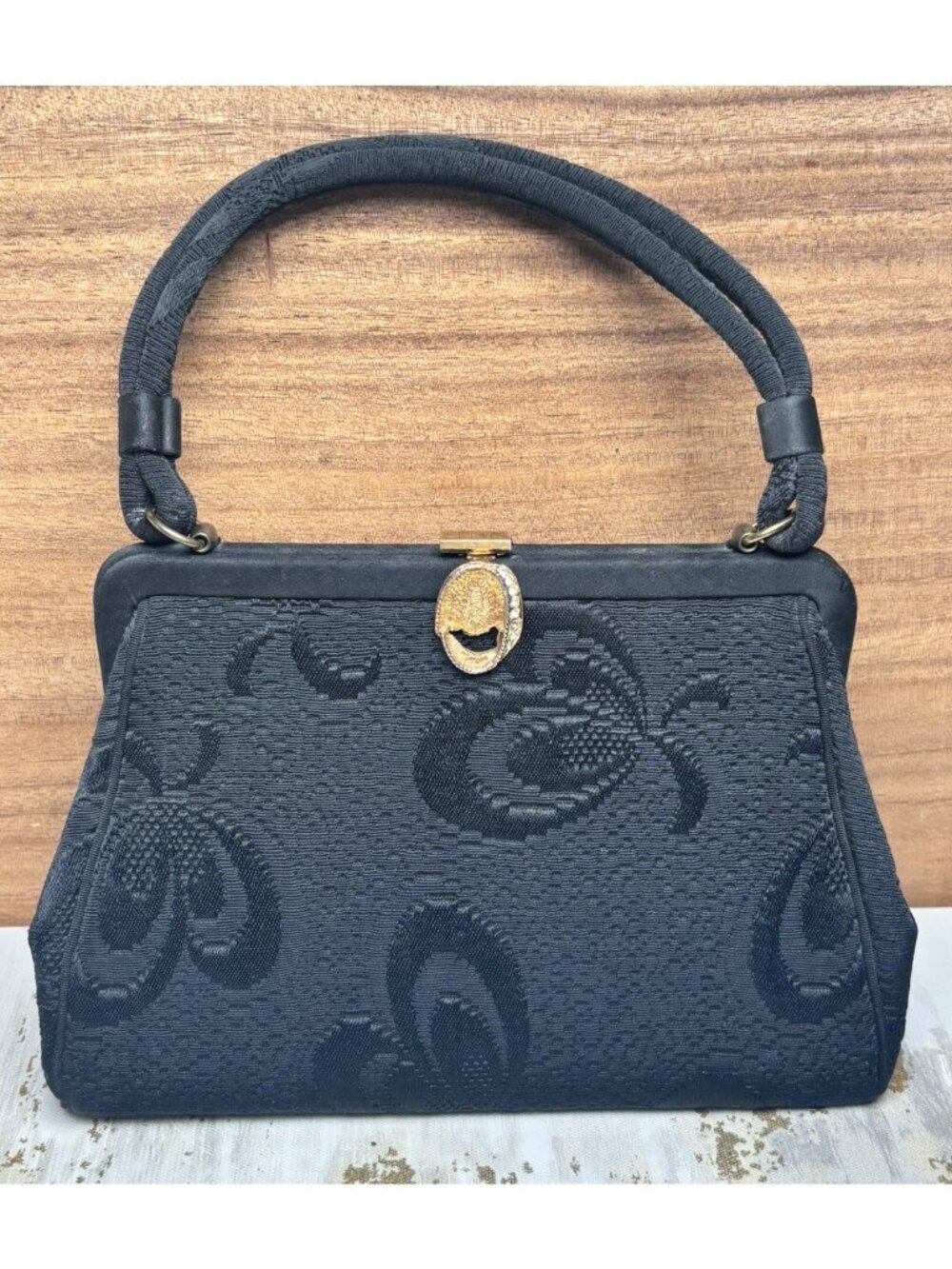 Vintage 1940s 50s GARAY Black Brocade Handbag Jeweled Rhinestone Clasp Purse